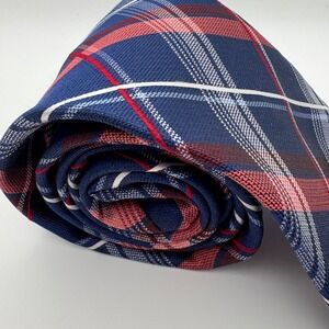 Stafford Men's Navy Blue‎ Red Plaid 100% Silk Necktie Formal Business
